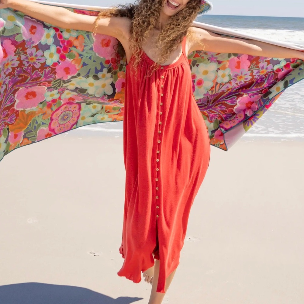 Relaxed Button Down MIDI Dress -  Red - Picture 3 of 10